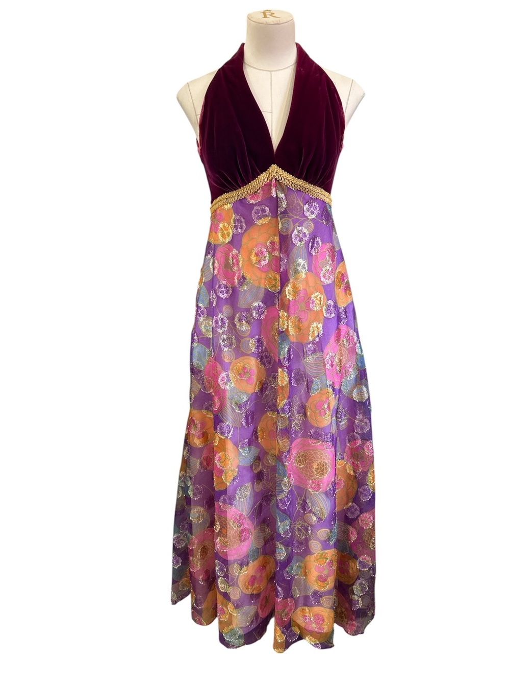 Vintage 70’s velvet metallic multicolored floral halter dress maroon Size small